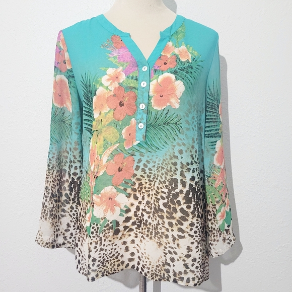 Soft Surroundings Tropical Floral Leopard Tunic Top Teal 3/4 Sleeve Size Medium - Picture 2 of 10